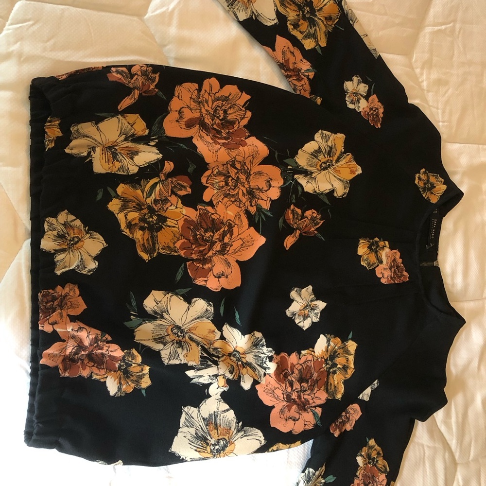 Zara black crepe blouse, with coral / tan flower pattern, long sleeve, like new